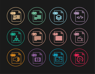 Set line GIF file document, MOV, PSD, TXT, OBJ, DOC, XLS and PDF icon. Vector