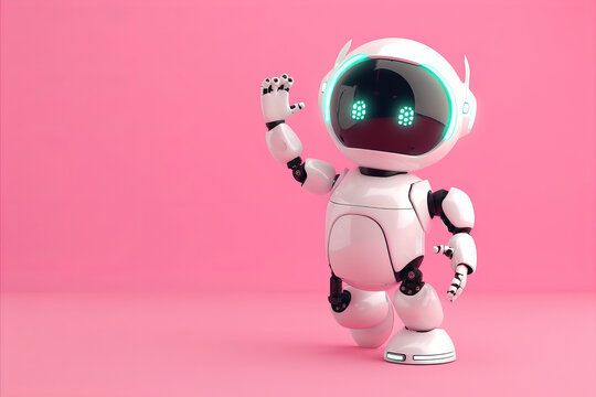 A friendly 3d robot character waving to the camera. 3D Rendering style illustration