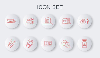 Set line Museum ticket, Ticket, building, Translator, Airline and Laptop with icon. Vector