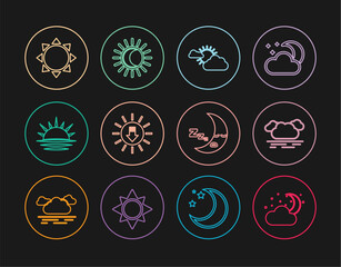 Set line Cloud with moon and stars, Sun cloud weather, Sunset, Moon icon and Eclipse of sun icon. Vector