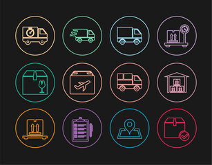 Set line Package box with check mark, Warehouse, Delivery cargo truck vehicle, Plane and cardboard, fragile content, stopwatch, boxes and in movement icon. Vector
