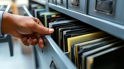 A hand is shown pulling a file from an organized open filing cabinet drawer filled with labeled folders in an office setting.