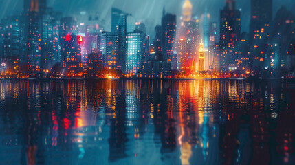 Radiant city lights reflecting on calm waters, embodying the serenity found in the midst of urban chaos - obrazy, fototapety, plakaty