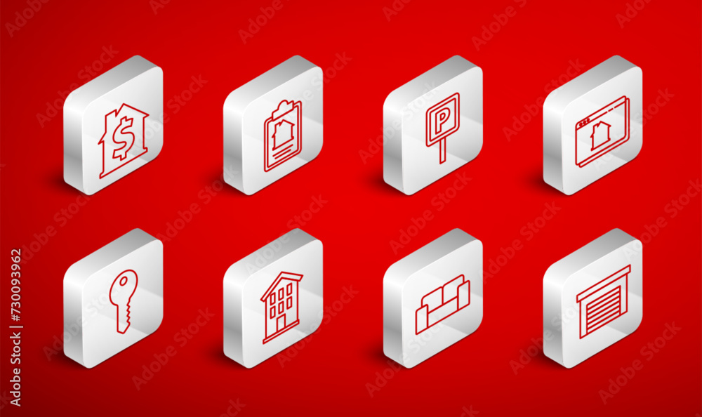 Poster Set line Garage, House contract, Parking, Online real estate house, Sofa, with dollar symbol, and key icon. Vector