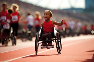 Young boy in wheelchair on track.