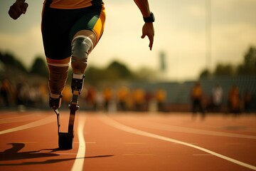 Man with cast on leg running on track.