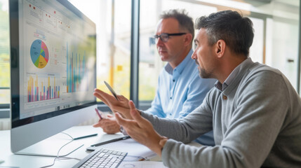 Fototapeta premium Two professionals are engaged in a discussion over a computer displaying colorful analytical graphs, suggesting a collaborative business meeting or data review session.