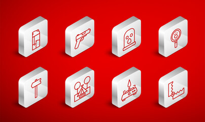 Set line Trap hunting, Pistol or gun, Balaclava, Paw search, Camping gas stove, Lighter, Tourist tent and Road traffic sign icon. Vector