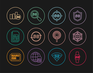 Set line Smart watch 5G network, Social, Sim card, Antenna and Search icon. Vector