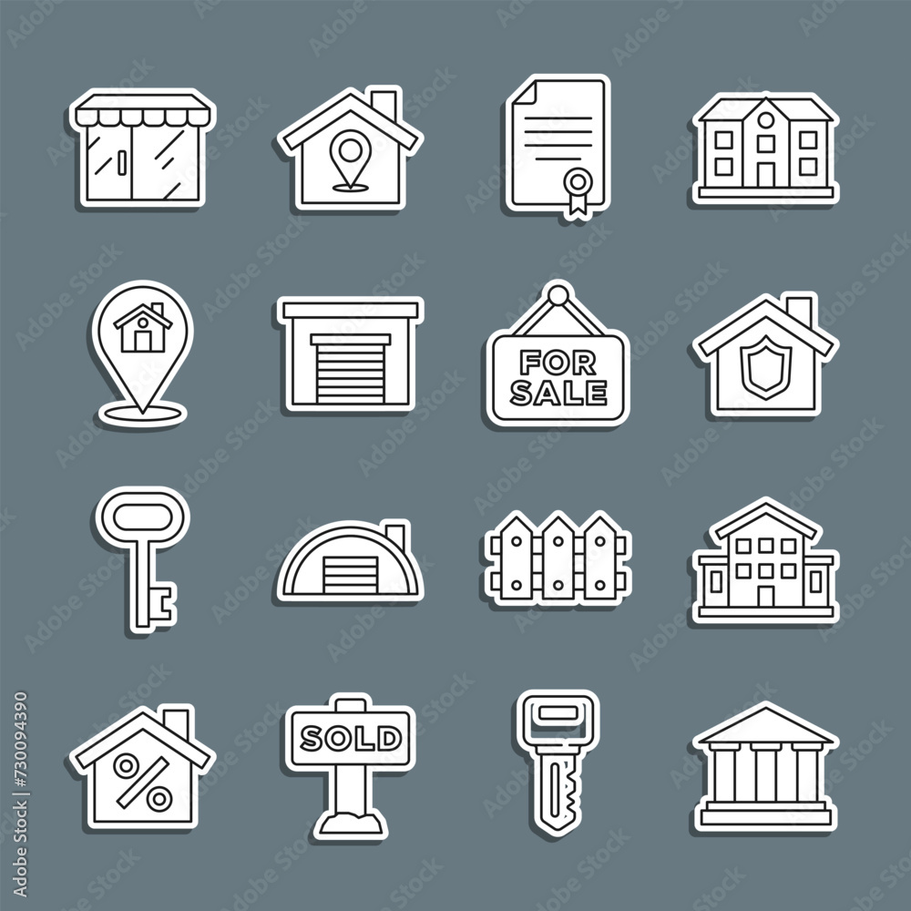 Canvas Prints Set line Museum building, House, with shield, contract, Garage, Location house, Market store and Hanging sign For Sale icon. Vector