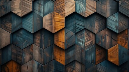 Textured wall made of wood products with hexagonal shapes and various shades of wood. Textured wood background, hexagon, wallpaper for design, covers and postcards
