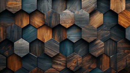 Textured wall made of wood products with hexagonal shapes and various shades of wood. Textured wood background, hexagon, wallpaper for design, covers and postcards