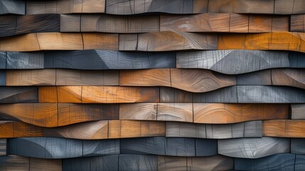 A textured wall made of wooden planks with modern decorative shapes and various shades of wood. Textured wood background, wallpaper for design, covers and postcards