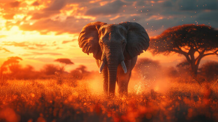 A herd of elephants strolls across the plain at sunset against the background of the sky and trees - obrazy, fototapety, plakaty