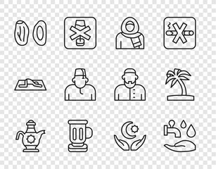 Set line Islamic teapot, Wudhu, Muslim woman in hijab, Medieval goblet, Date fruit, Star and crescent and Tropical palm tree icon. Vector