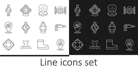 Set line Scallop sea shell, Fishing harpoon, Pearl, Diving watch, Flippers for swimming, Wetsuit scuba diving, Aqualung and icon. Vector