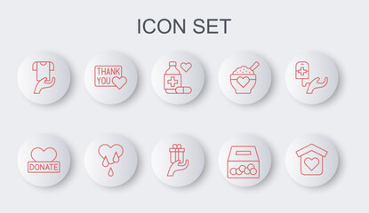 Set line Shelter for homeless, Donation and charity, Medicine bottle pills, Clothes donation, Thank you with heart, Blood and Give gift icon. Vector