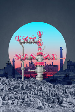Surreal collage with industrial oil rig. Art poster, template concept design or zine cover. Wellhead
