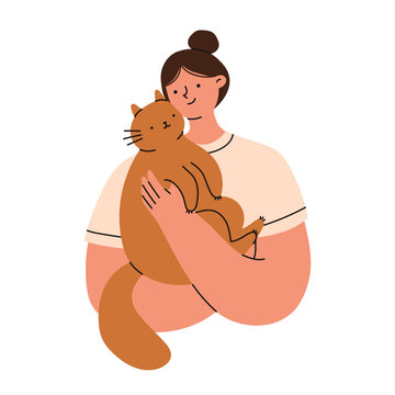 Woman is holding a cute cat in her hands. Pet owner. Flat vector illustration.