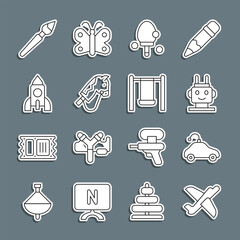 Fototapeta premium Set line Toy plane, Radio controlled car toy, Robot, Racket, horse, Rocket ship, Paint brush and Swing icon. Vector