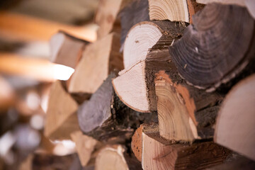 Holzstapel mit Brennholz zur Verfeuerung in einem Kamin in einem Schuppen