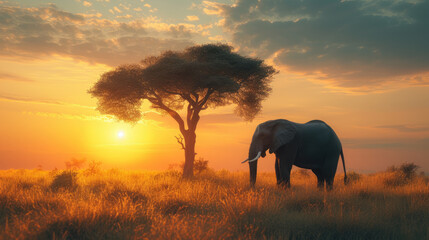 A herd of elephants strolls across the plain at sunset against the background of the sky and trees - Powered by Adobe