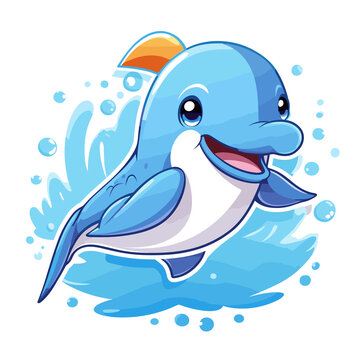 Cute anime-style dolphin flat vector illustration logo
