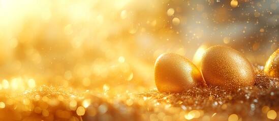 Easter Day banner, shining golden eggs, light background, promotion and gift theme