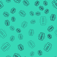 Black line Money prize in casino icon isolated seamless pattern on green background. Vector