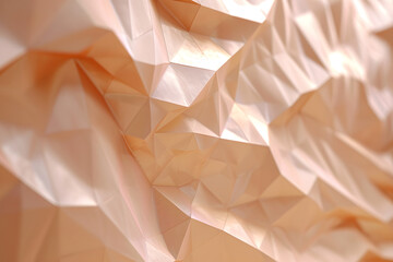 A a crumpled piece of paper with a pattern of interconnected pyramids in shades of pink, in folded...