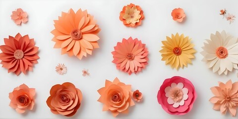 various beautiful paper flowers arranged in a row on a white background