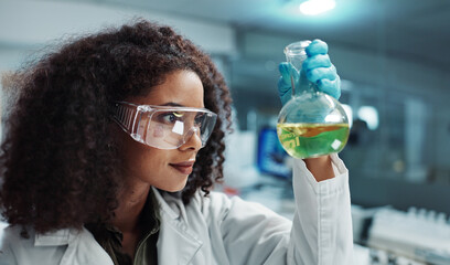 Scientist, woman and chemical with glasses in laboratory for chemistry experiment, test sample or research. Science, person and liquid inspection for clinical analysis, expert investigation and study - obrazy, fototapety, plakaty