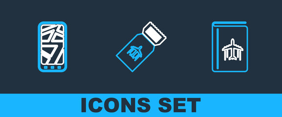 Set line Cover book travel guide, Infographic of city map and Airline ticket icon. Vector