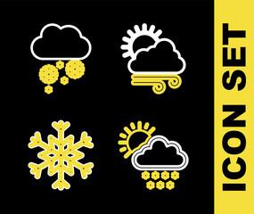 Set line Windy weather, Cloud with snow and sun, Snowflake and icon. Vector