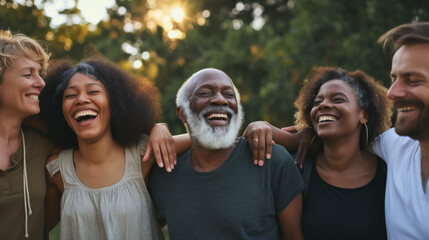 diverse group of people, including two older men and three younger women, are laughing and embracing each other