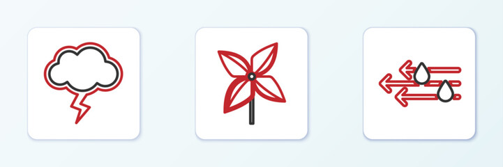 Set line Wind and rain, Storm and Pinwheel icon. Vector