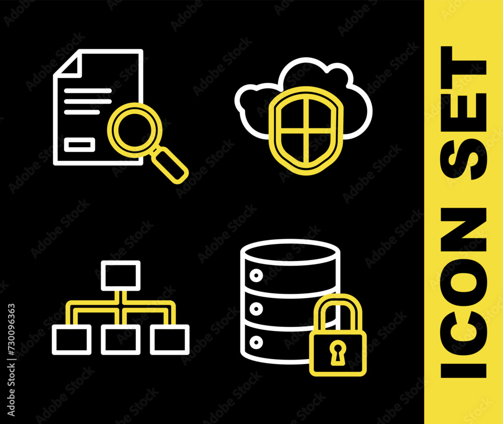 Poster set line cloud and shield, server security with lock, hierarchy organogram chart and document search