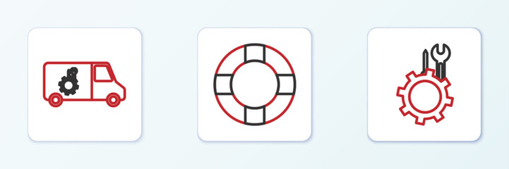 Set line Wrench and screwdriver in gear, Car service and Lifebuoy icon. Vector
