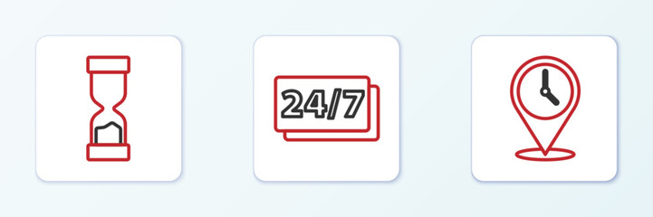 Set line Location with clock, Old hourglass and Clock 24 hours icon. Vector