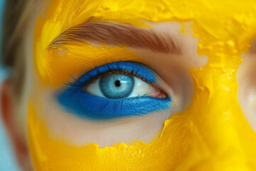 Abstract Yellow and Blue Makeup. Model with yellow and blue abstract makeup, serious expression. Natural Beauty. Selective focus in woman face
