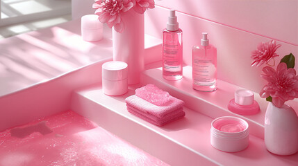 A set of skin care products in the bathroom interior