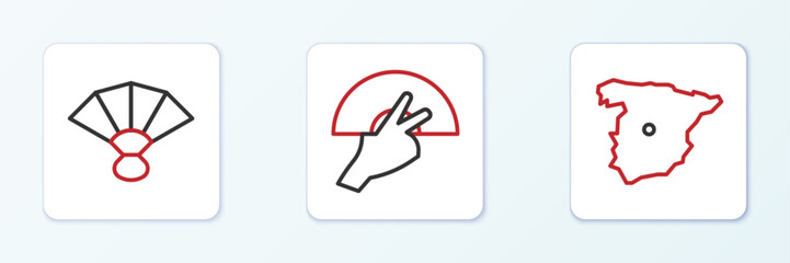 Obraz premium Set line Map of Spain, Fan flamenco and icon. Vector