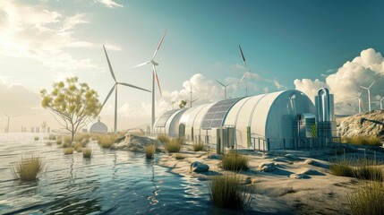 A mixed renewable energy plant with towering wind turbines and solar panels set in a natural landscape under a sunny sky.