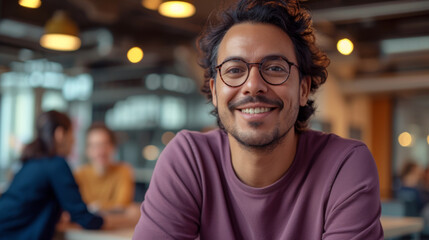 A smiling man with glasses is sitting in a casual office setting, exuding confidence and satisfaction.
