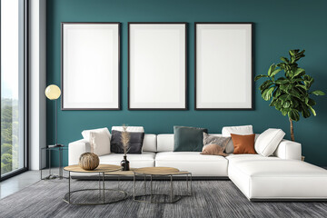 modern living room with sofa and empty banner on the wall