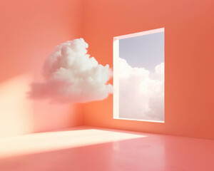 A cloud and window in a peachy pink room. Minimal concept. Pop art romantic idea.