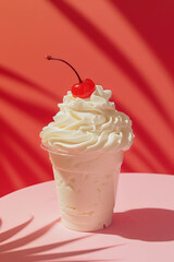 A cup full of vanilla and whipped cream with a cherry on top. Close up shot. Summer retro sweet food vibe.