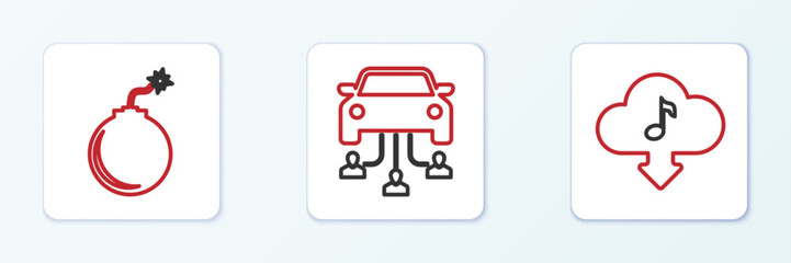 Set line Cloud download music, Bomb ready to explode and Car sharing icon. Vector