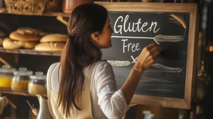 Poster woman is writing "Gluten Free" on a blackboard with a piece of chalk. © MP Studio