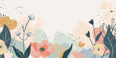 floral watercolor spring background in the style of organic geometric shapes, natural colors. outline of flowers and leaves. flora and botany